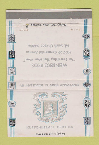 Matchbook Cover - Kuppenheimer Men's Clothes Weinberg Chicago IL 40 Strike