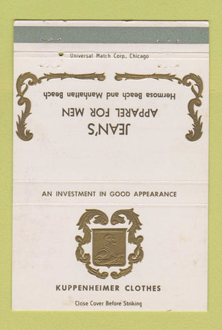 Matchbook Cover Kuppenheimer Men's Clothes Manhattan Hermosa Beach CA 40 Strike