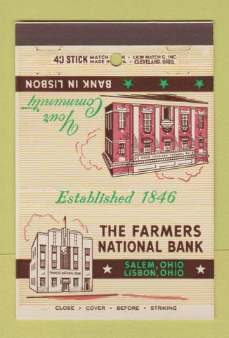 Matchbook Cover - Farmers National Bank Salem Lisbon OH 40 Stick