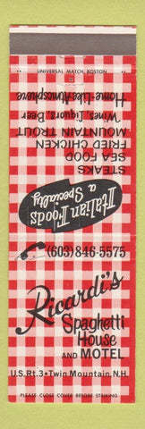 Matchbook Cover - Ricardi's Spaghetti House Motel Twin Mountain NH