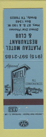 Matchbook Cover - Plateau Motel Restaurant Club Brady TX