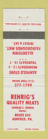 Matchbook Cover - Rehrig's Meats Ashfield PA Allentown