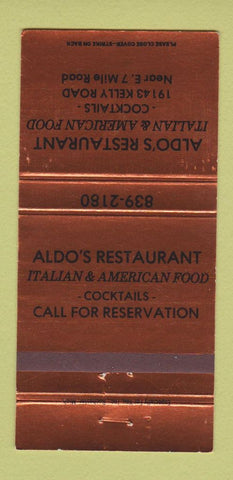 Matchbook Cover - Aldo's Restaurant Italian Detroit? 30 Strike