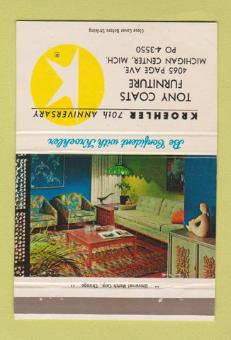 Matchbook Cover - Kroehler Furniture Tony Coats Michigan Center MI 40 Strike
