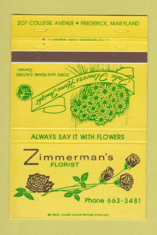Matchbook Cover - Zimmerman's Florist Flowers Frederick MD CREASE 40 Strike