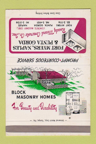 Matchbook Cover Fort Myers Naples Punta Gorda FL Masonry Blocks SAMPLE 40 Strike