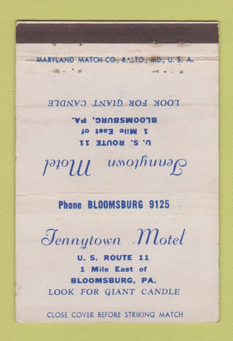 Matchbook Cover - Tennytown Motel Bloomsburg PA WEAR 40 Strike
