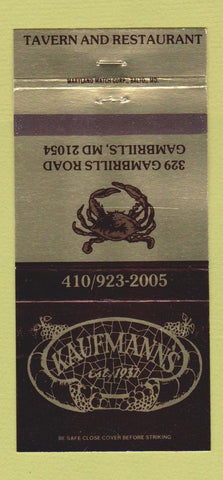 Matchbook Cover - Kaufmann's Tavern Restaurant Gambrills MD 30 Strike