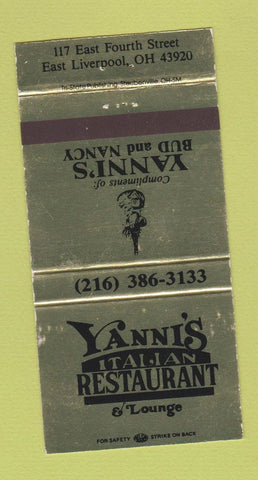 Matchbook Cover - Yanni's Italian Restaurant East Liverpool OH 30 Strike