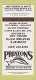Matchbook Cover - Preston's Seafood Myrtle Beach SC 30 Strike