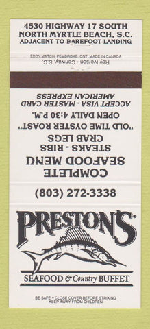 Matchbook Cover - Preston's Seafood Myrtle Beach SC 30 Strike