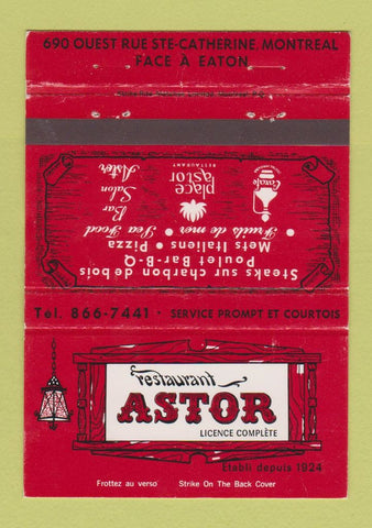 Matchbook Cover - Restaurant Astor Montreal QC 40 Strike