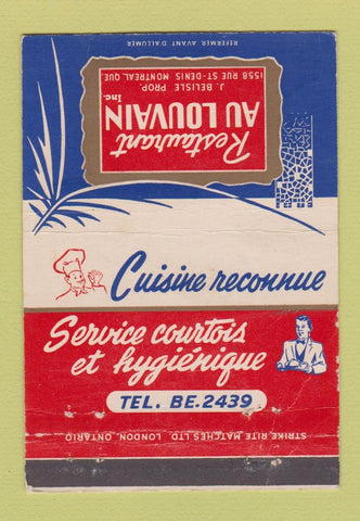 Matchbook Cover - Restaurant Au Louvain Montreal QC WEAR 40 Strike