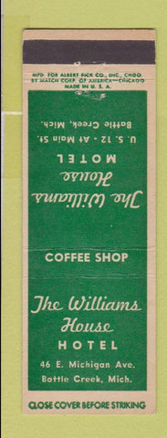Matchbook Cover - The Williams Hotel Battle Creek MI