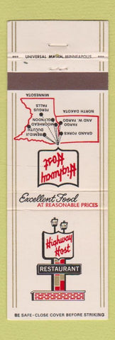 Matchbook Cover - Highway Host Restaurant Bemidji Duluth Fergus Falls Glyndon MN
