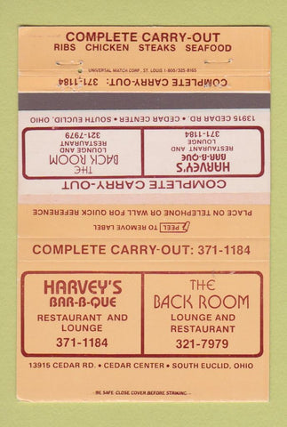Matchbook Cover - Harvey's BBQ Back Room South Euclid OH 40 Strike
