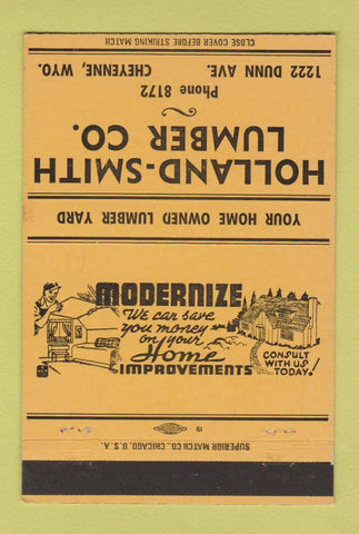 Matchbook Cover - Holland Smith Lumber Cheyenne WY ORANGE 40 Strike