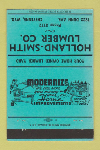 Matchbook Cover - Holland Smith Lumber Cheyenne WY TEAL 40 Strike