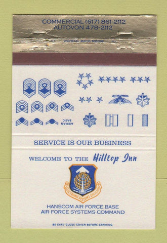Matchbook Cover - Hilltop Inn Hansom Air Force Base Bedford MA WEAR 40 Strike