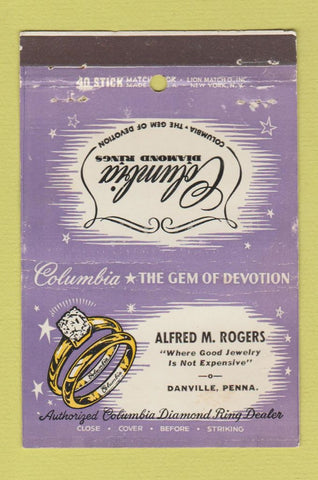 Matchbook Cover - Columbia Diamond Ring Alfred Rogers Danville PA WEAR 40 Stick