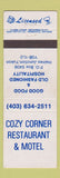 Matchbook Cover - Cozy Corner Restaurant Motel Haines Junction YT