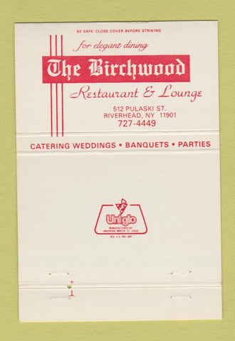 Matchbook Cover - Birchwood Restaurant Lounge Riverhead NY 40 Strike