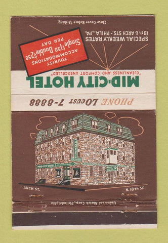 Matchbook Cover - Mid City Hotel Philadelphia PA 40 Strike