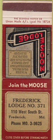Matchbook Cover - Matchbook Cover Moose Lodge Frederick MD