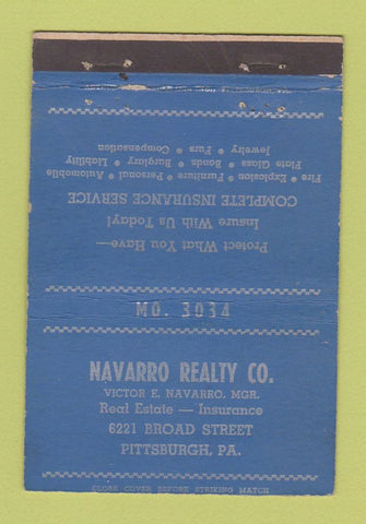 Matchbook Cover - Navarro Real Estate Pittsburgh PA 40 Strike