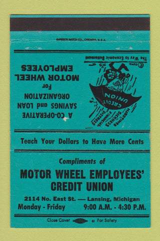 Matchbook Cover - Motor Wheel Credit Union Lansing MI TEAL 40 Strike