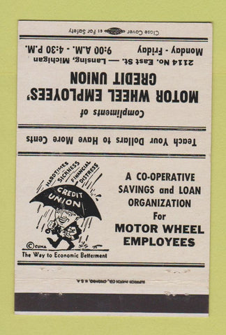 Matchbook Cover - Motor Wheel Credit Union Lansing MI WHITE 40 Strike