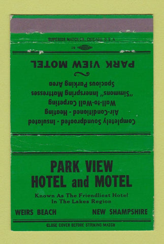 Matchbook Cover - Park View Hotel Motel Weirs Beach NH GREEN 40 Strike