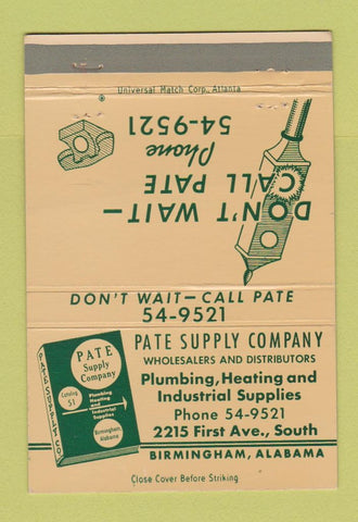 Matchbook Cover - Pate Supply Plumbing Heating Birmingham AL 40 Strike