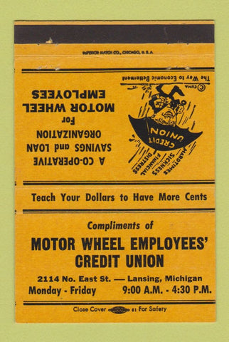 Matchbook Cover - Motor Wheel Credit Union Lansing MI YELLOW 40 Strike