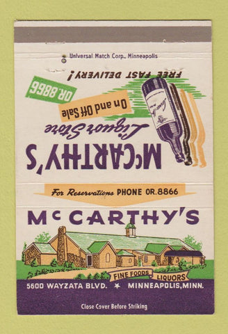 Matchbook Cover - McCArthy's Liquor Minneapolis MN 40 Strike