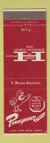 Matchbook Cover - Hadwen Printers Bennington VT Pennysaver & Press