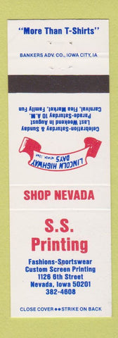 Matchbook Cover - SS Printing Nevada IA Lincoln Highway Days