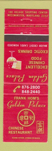 Matchbook Cover - Frank Hom's Golden Palace Chinese Westminster MD