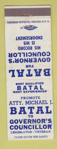 Matchbook Cover - Michael Batal Governor's Councillor Election