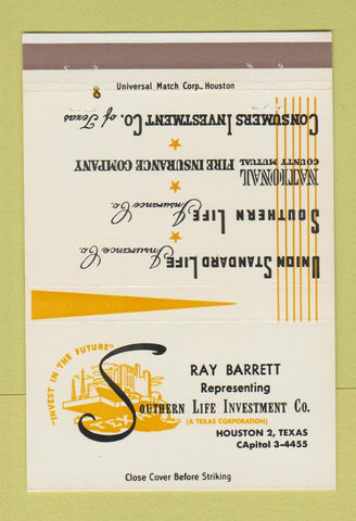 Matchbook Cover - Southern Life Insurance Ray Barrett Houston TX 40 Strike