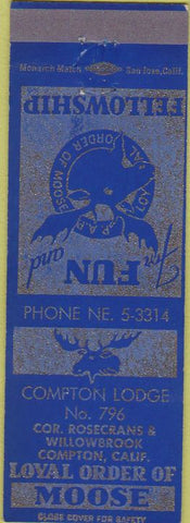 Matchbook Cover - Matchbook Cover Moose Lodge Compton CA blue