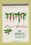 Matchbook Cover - Bricklin Company Baltimore MD Christmas 40 Strike