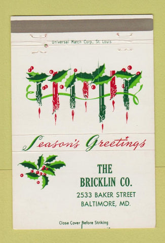 Matchbook Cover - Bricklin Company Baltimore MD Christmas 40 Strike