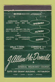 Matchbook Cover - J Allan McDonald Insurance Pittsburgh PA 40 Strike