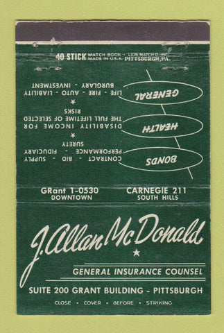 Matchbook Cover - J Allan McDonald Insurance Pittsburgh PA 40 Strike