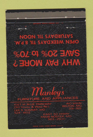 Matchbook Cover - Manley's Furniture Appliances Knob Noster Belton MO 40 Strike