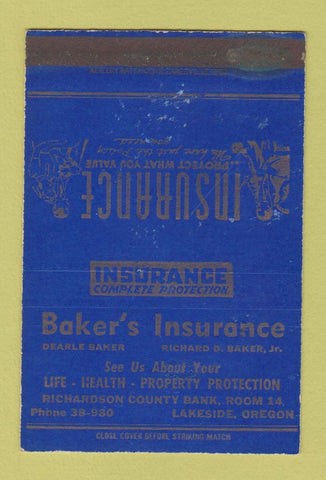 Matchbook Cover - Baker's Insurance Lakeside OR SAMPLE WEAR 40 Strike