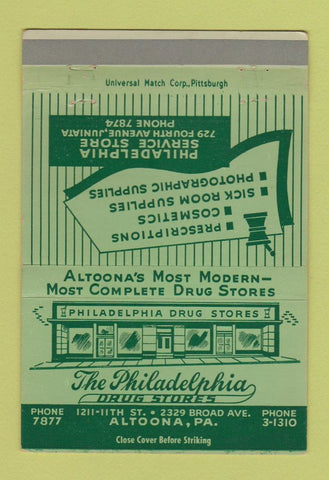 Matchbook Cover - Philadelphia Drug Stores Altoona PA Juniata 40 Strike