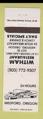 Matchbook Cover - Witham Restaurant Medford OR truck stop