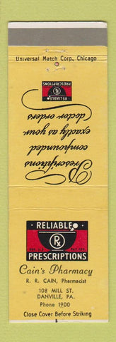 Matchbook Cover - Cain's Drug Store Danville PA